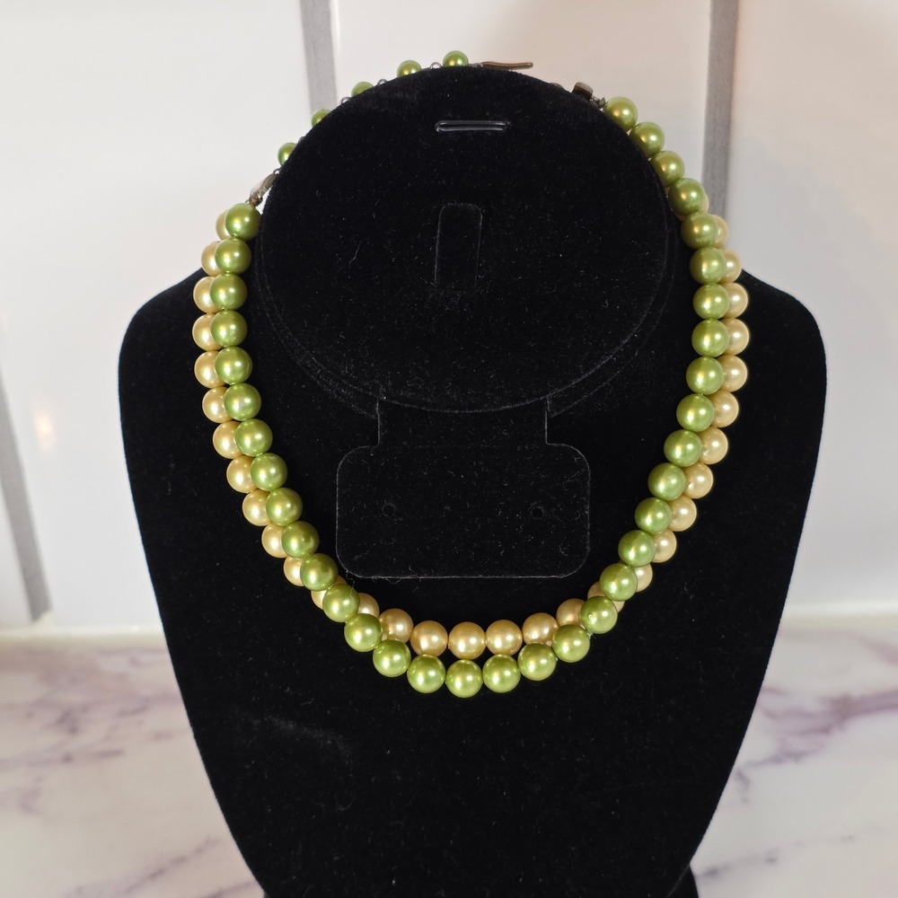 Vintage Double Strand Faux Pearl Necklace Chartreuse Green Champagne Mid-Century